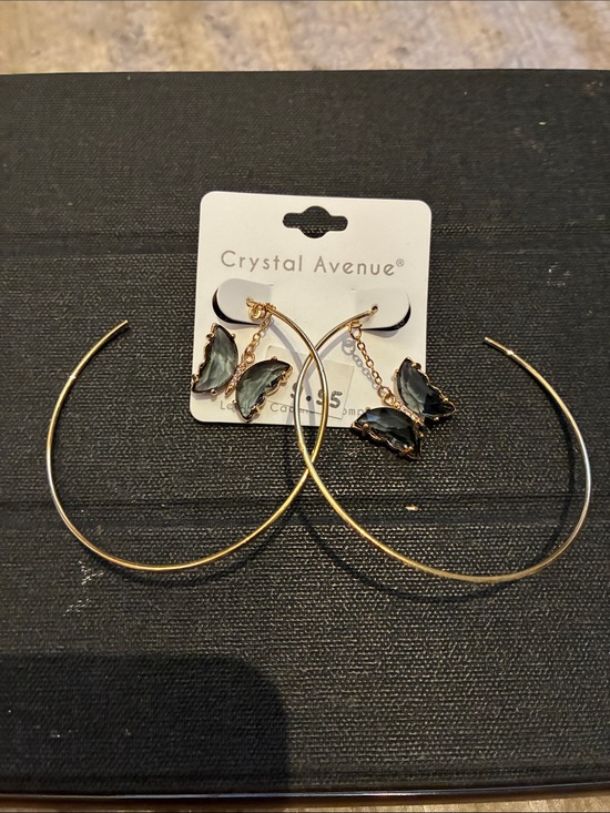 Crystal Avenue Jewelry - Crystal Avenue Gold Hoop Earrings with Dark Green Butterfly Charms